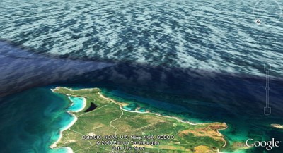 Google Earth 5.0 透過這個圖層，對於海岸邊線不再是單純的 2D 圖像，甚至有波浪的效果